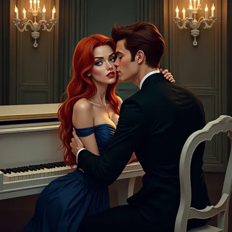  Beautiful girl with long red hair , blue eyes,  white skin  de porcelana, elegantly made up ,  with big breasts ,  dressed in a navy blue dress with a heart cut and bare on the back, sentada en el regazo  un hombre alto de cabello castaño dark desordenado...