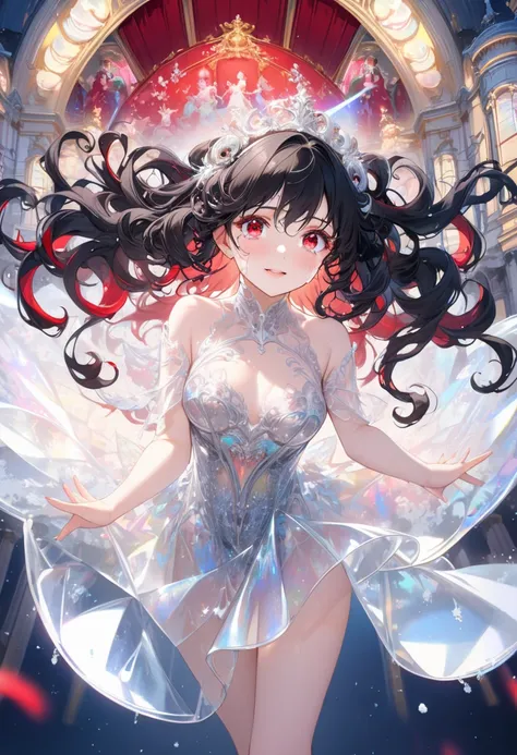 (beautiful and delicate) (Spectacular views illustration), (((Performing an Opera style))), in a silver Transparent clothing, ((double exposure best beauty snow)), break, (solo, age 15) (delicate curly vivid black hair), (best beauty long hair), (beautiful...