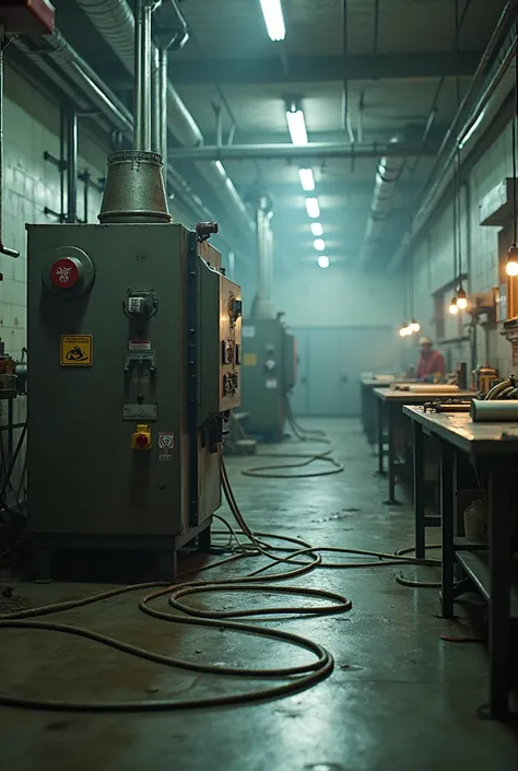  Food Factory :  Exposed machine with loose cables in the ground and no signage, near a workstation .