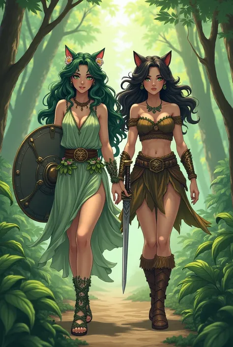   Flora and fauna 
Two nymphs 

25-year-old warrior woman  .   She represents trees plants and flowers  .   With dark wavy green hair  ,   dark green eyes,  She wears a light green dress  ,   on her skirt she wears multicolored flowers and in her dark gree...