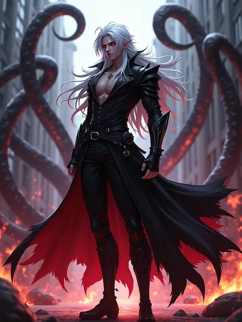  anime male with red eyes and long white hair in a gothic combat costume， strong body， Handsome，Turn sideways，There is a flame under your feet，Standing on the streets of the end . 8 thick tentacles stick out from behind him，Black demonic scent ，Horror atmo...