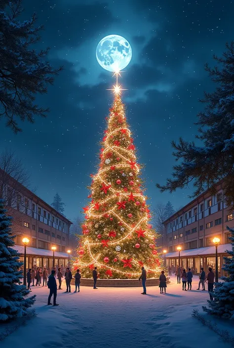 Make Arellano University in the Manila, Philippines have a giant christmas tree on its center at a dark blue christmas night with snow and
the moon is glowing up above in a square perspective 