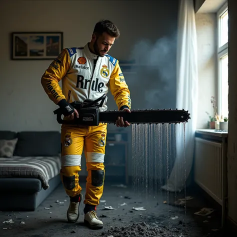  handsome adult guy in an apartment wearing a Real Madrid white and yellow leather racing jacket with patches and Real Madrid leather racing pants with patches,  with a powerful dirty mega huge chainsaw in his hand , A lot of black oil flows down from a me...