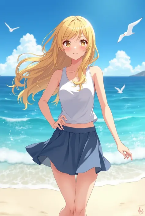 20-year-old blonde ,long hair, female anime character wearing short skirt on the beach 