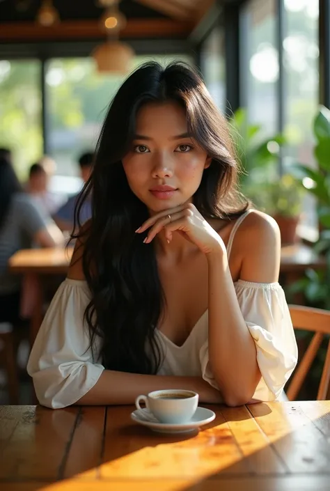 In a cozy, sunlit café filled with the comforting aroma of freshly brewed coffee, a young Thai woman with luminous green eyes and long, wavy black hair sits at a rustic wooden table. Dressed in a flowing, off-the-shoulder ivory top that perfectly complemen...