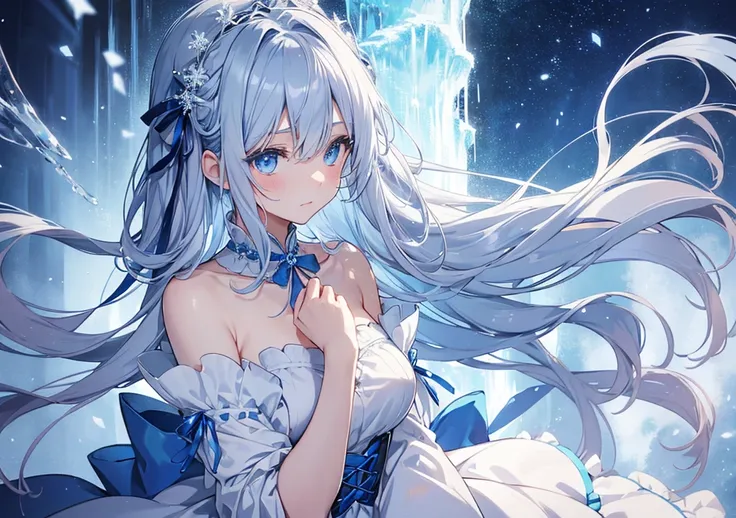 A serene anime girl with icy silver hair flowing down like a waterfall, with subtle bluish undertones. Her hair is adorned with pale blue and silver ribbon roses, arranged to resemble a delicate tiara. Her pale blue eyes, shimmering like frozen crystals, r...