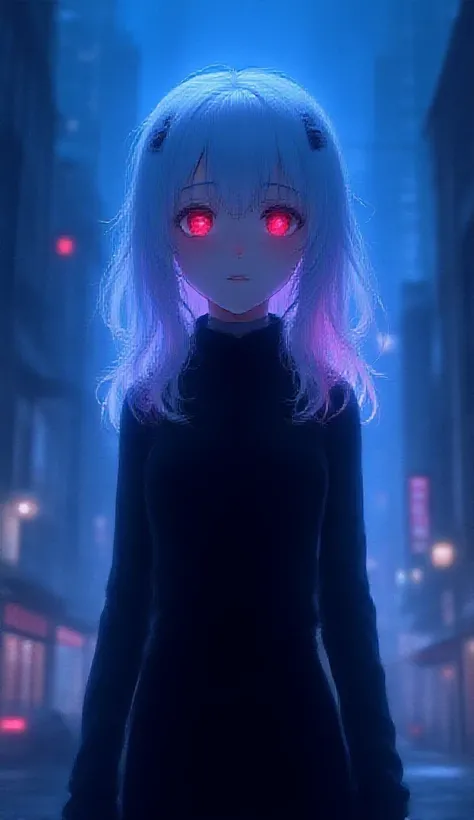  1 girl 、white and blue and pink hair、 black uniform、Her eyes glow red、 Night Streetscape