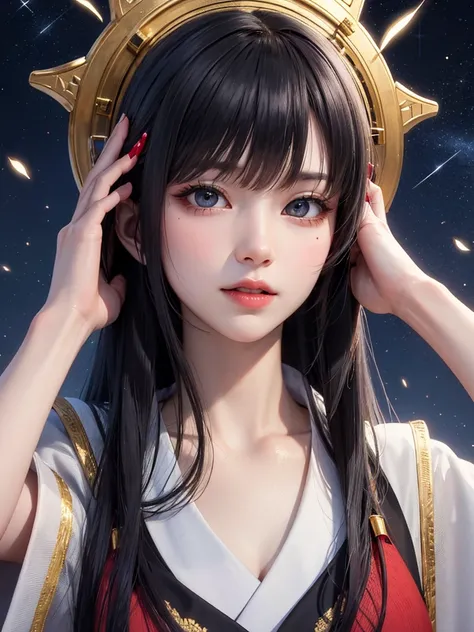 masterpiece， best quality，8k， detailed skin texture ， Detailed Cloth Texture ，Beautifully detailed face， complex details， super detailed，Rei Ayanamiの肖像， black hair，Red colored eyes， black headgear on the head,Pixieカット，Shining Skin Hair Ornaments, Gold Hair...