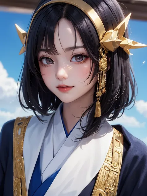 masterpiece， best quality，8k， detailed skin texture ， Detailed Cloth Texture ，Beautifully detailed face， complex details， super detailed，Rei Ayanamiの肖像， black hair，Red colored eyes， black headgear on the head,Pixieカット，Shining Skin Hair Ornaments, Gold Hair...