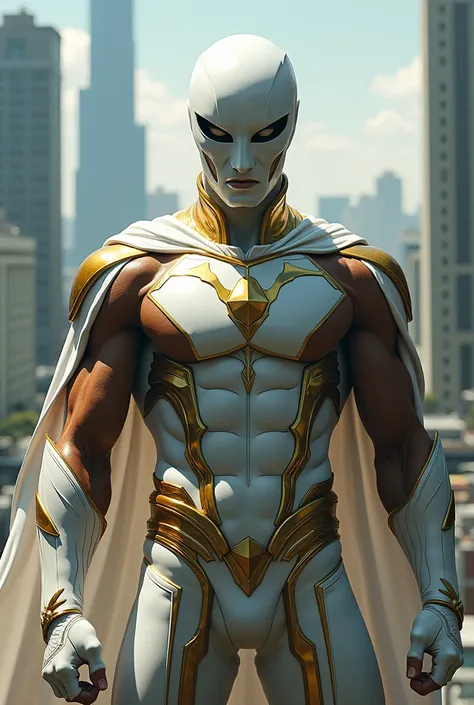 Martian Manhunter, White And Golden Suit, Beautiful Combination Of Colors White And Golden Color, Full Body, Mask, white cape, Marvelous, Awesome, Realistic, High Detailed, Background In City