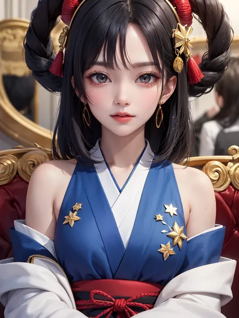 masterpiece， best quality，8k， detailed skin texture ， Detailed Cloth Texture ，Beautifully detailed face， complex details， super detailed，Rei Ayanamiの肖像， black hair，Red colored eyes， black headgear on the head,Pixieカット，Shining Skin Hair Ornaments, Gold Hair...