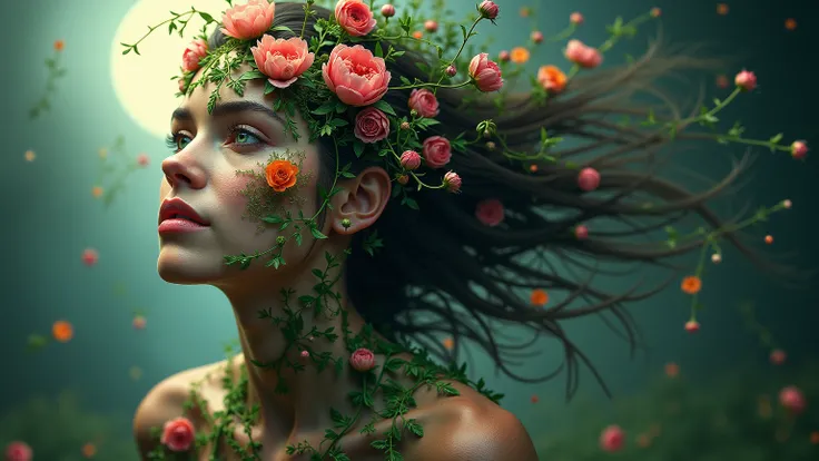 A hyperrealistic portrait of a woman composed entirely of interwoven wildflowers, bathed in ethereal moonlight.