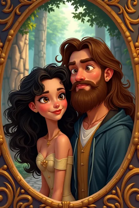 white girl with long black curly hair and brown eyes com um homem do cabelo marrom liso longo e com barba versão animação de rei e a fiel de princesa 