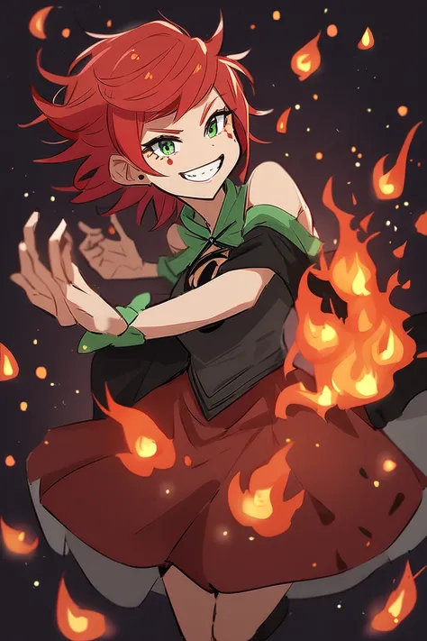 woman, pixie short red hair, green eyes, moon tattoos, wicca witch costume, background with bursts of fire, sexy smile