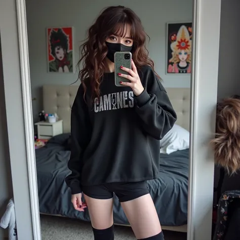  femboy pale white with a moderately toned body, 27 years old,  long curly brown hair ,  wearing black face masks , short black sweatshirt ,  short black sports shorts , black knee socks, , Fishents , skater sneakers ,  round contact lenses ,  taking a sel...