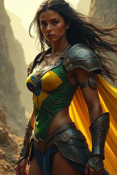 create a woman, warrior,  with long hair, pele morena, Big Eyes ,  dressed in armor in the colors of Brazil.