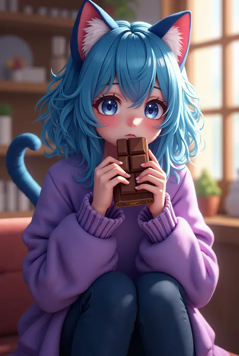 A girl with long blue hair with cat ears and a tail in purple sweaters with dark blue pants eats chocolate 