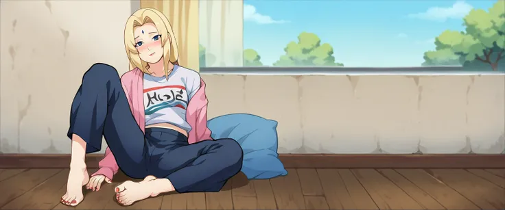 (Caucasian ethnicity) masterpiece, 4k,  lyrics, Tsunade, barefoot, 1 mujer con pants, Alone, At home, pants, usando pants de artes marciales holgados, no puede evitar masturbarse con sus pants de artes marciales puestos,  sitting masturbating her vagina wi...