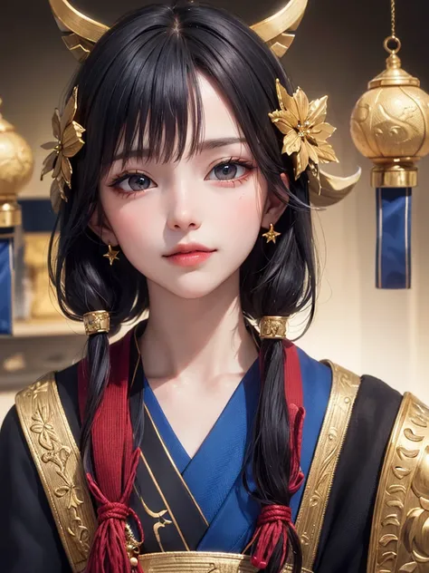 masterpiece， best quality，8k， detailed skin texture ， Detailed Cloth Texture ，Beautifully detailed face， complex details， super detailed，Rei Ayanamiの肖像， black hair，Red colored eyes， black headgear on the head,Pixieカット，Shining Skin Hair Ornaments, Gold Hair...