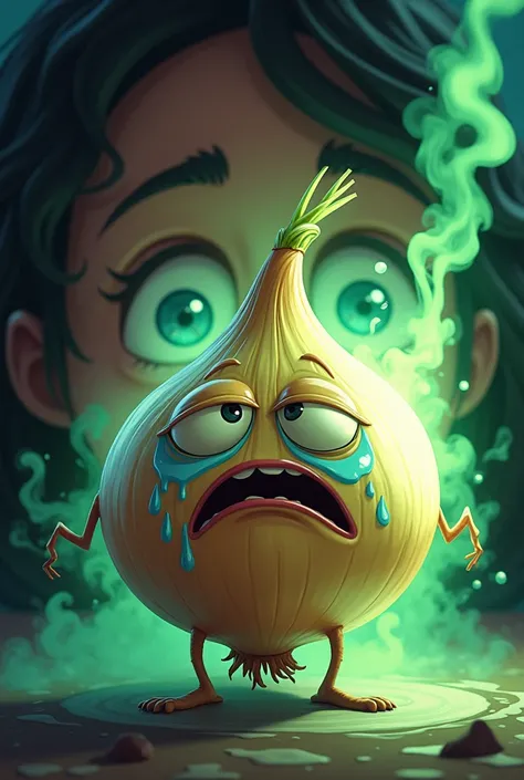 Close-Up Shot of an Onion:

The onion is crying, with cartoonish tears falling, giving it a humorous yet dramatic touch.
Add a glowing, ominous aura around the onion to signify its “power.”
Your Face in the Background:

Eyes wide open, tears streaming, and...