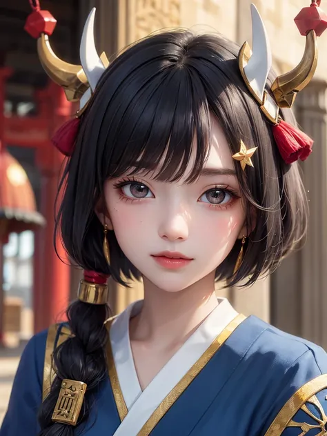 masterpiece， best quality，8k， detailed skin texture ， Detailed Cloth Texture ，Beautifully detailed face， complex details， super detailed，Rei Ayanamiの肖像， black hair，Red colored eyes， black headgear on the head,Pixieカット，Shining Skin Hair Ornaments, Gold Hair...