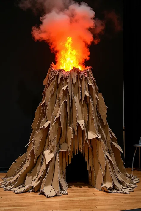 Create a 6-foot one dimensional cardboard erupting volcano standee for theatre that is made up of recyclable materials and no lights or any electronic parts.