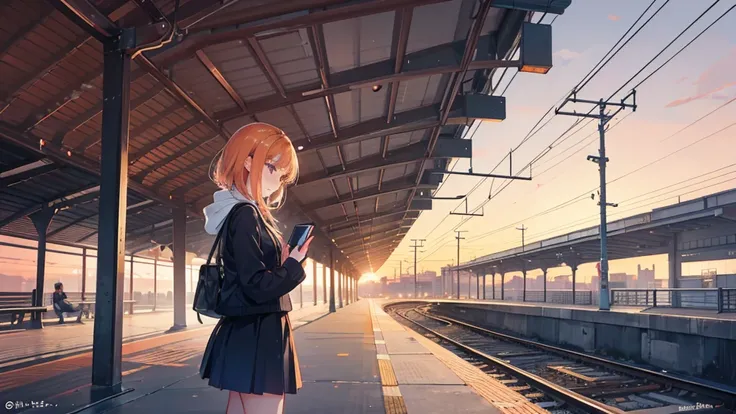 On the train station platform on a winter evening, the profile of the 、 A scene where a high school girl in uniform is looking at her smartphone。The girls profile looks a little cold。 The girl stands in the center of the platform 、 while the sun is shining...