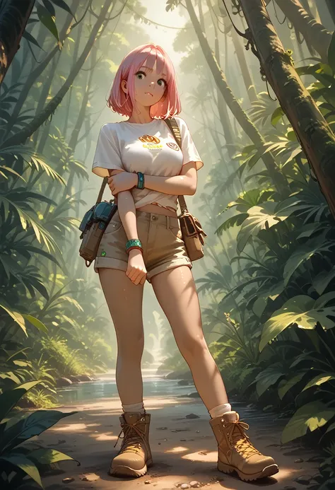 Art by jim silke, gorgeous anime young woman, pink hair, 
 perfect face, perfect anatomy, wearing a tan button up shirt tied up under her breasts, extremely short tight tan shorts, and hiking boots, angled shot, confidently clearing a path through the jung...