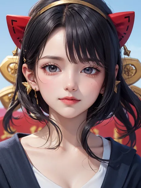 masterpiece， best quality，8k， detailed skin texture ， Detailed Cloth Texture ，Beautifully detailed face， complex details， super detailed，Rei Ayanamiの肖像， black hair，Red colored eyes， black headgear on the head,Pixieカット，Shining Skin Hair Ornaments, Gold Hair...