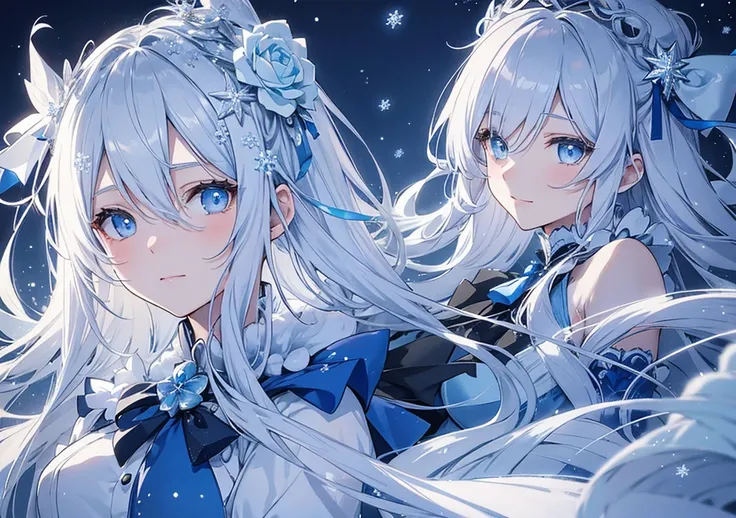 A serene anime girl with icy silver hair flowing gently, her locks accented with pale blue and silver ribbon roses arranged like a delicate crown. Her soft, gentle smile adds warmth to her wintry appearance. Her pale blue eyes shimmer like snowflakes. She ...