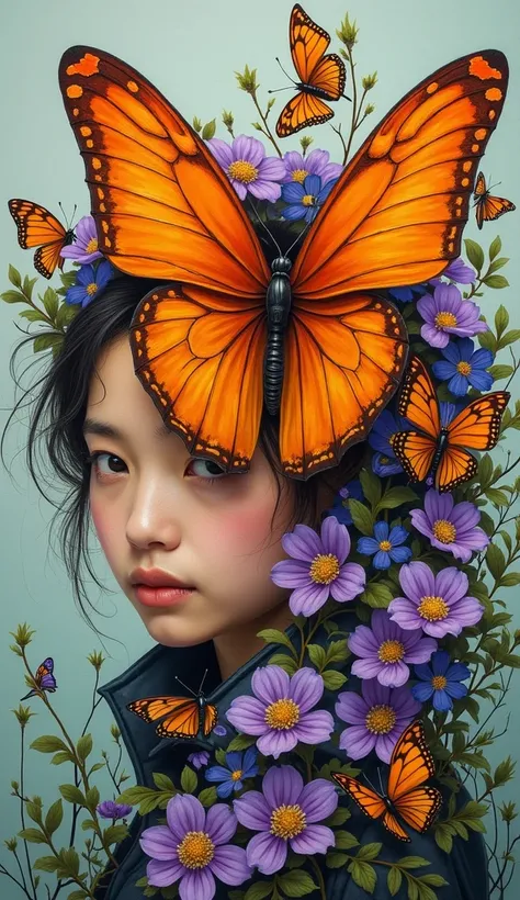 A vibrant painting shows a group of butterflies entwined with colorful flowers against a background of a young woman. The central focus is a large butterfly with burnt orange wings, which have intricate line patterns and delicate translucent edges, creatin...