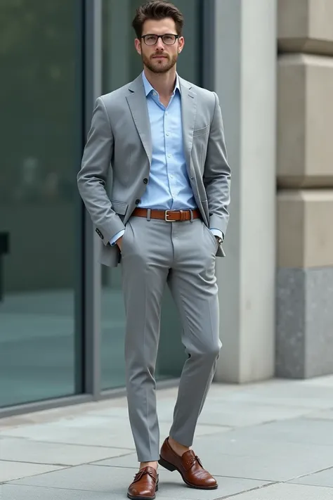  Person with light gray dress pants, light blue shirt, brown belt and shoes 