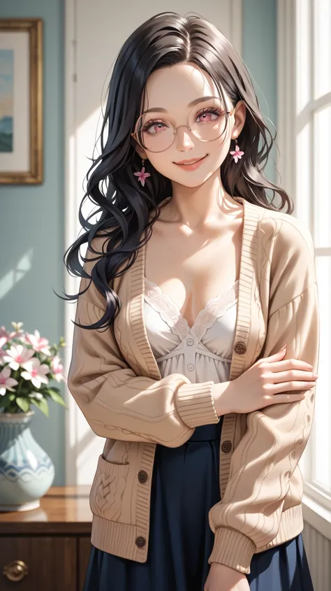 face details,semi realistic, 1 woman, mature body, pink eyes, wearing round glasses, small breast size, straight half body long hair, middle parted hair style, large forehead, dark blue colored hair, pink eyes, gentle smile expression face, parted lips, st...