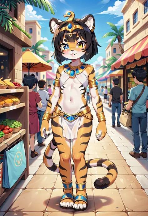 masterpiece, high resolution, best quality, (anthro, textured fur, fur tufts, furry tiger girl, baby body, baby height, flat chest, animal face, animal skin, animal fur, tiger ears, tiger tail), heterochromia, multicolored hair, short hair, piercing, makeu...