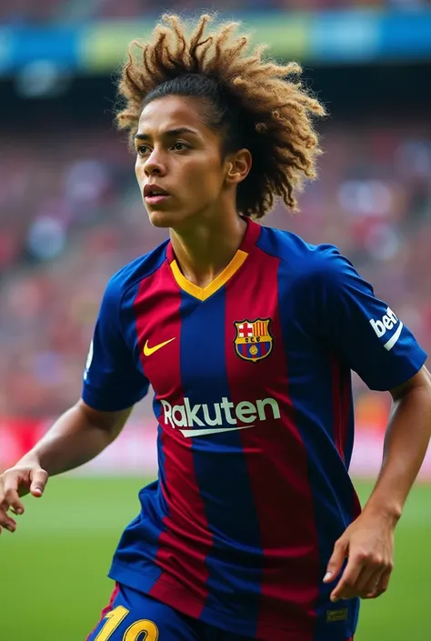  Imagine with the frizzy haired player, Brunette from number 21 , with the Barcelona shirt.