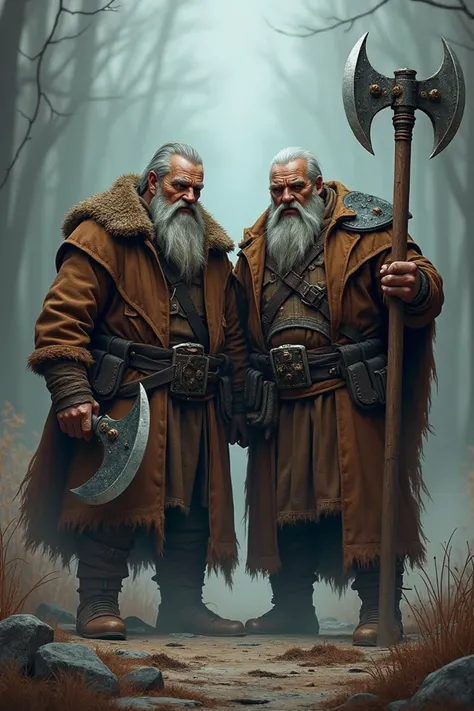 Making images of 45 years old tween brothers in long brown old jacket and two big axes in their hands in dark fantasy 