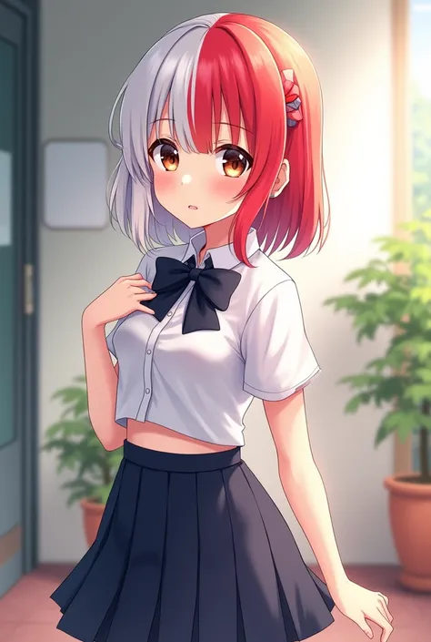 cute junior loli, Double hair, long hair, short hair, two-tone hair, white hair, red hair, white shirts, dark blue bowtie, Thai pleated skirt, middle forehead hair, skirt, shirt, school uniform, underboob, crop top