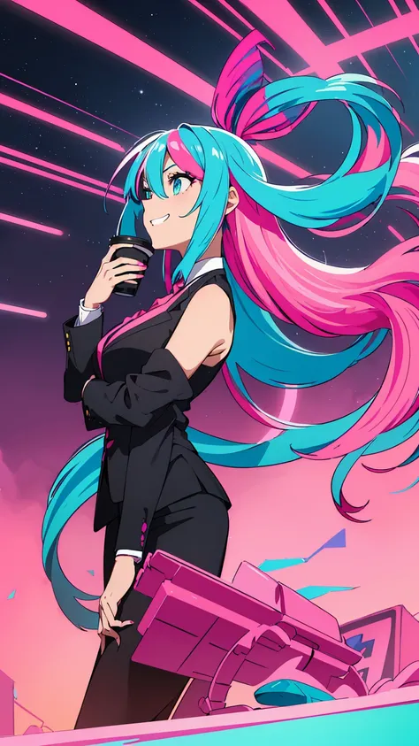 perfect anatomy, a woman, with hot pink long hair, (front view:1.4), full body, (streaked hair with hot pink and turquoise blue:1.5), Slanted Eyes, ( turquoise eyes holding a cup :1.1), ( girl wearing black business suit :1.4), wearing black pencil skirt, ...