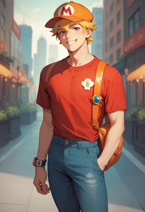 1boy, solo, teenage adult boy, yellow haired boy , orange Mario hat, red shirt, orange overall, smiling, standing behind city background