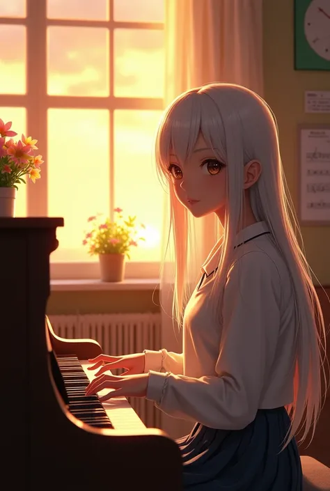 Masterpiece, highest quality, beautiful light, smiling face, girl, white hair, long straight hair, brown eyes, high school student, school suit, terminally ill, sunset background, modern, closing eyes, playing piano, music classroom background