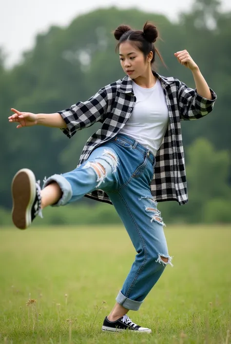 realistic high resolution ultra HD 16k photo, beautiful asian woman aged 25 years, twobun hair, wearing a long black and white checkered shirt with rolled up sleeves with a white t-shirt, ripped blue jeans and classic black and white canvas shoes, the woma...