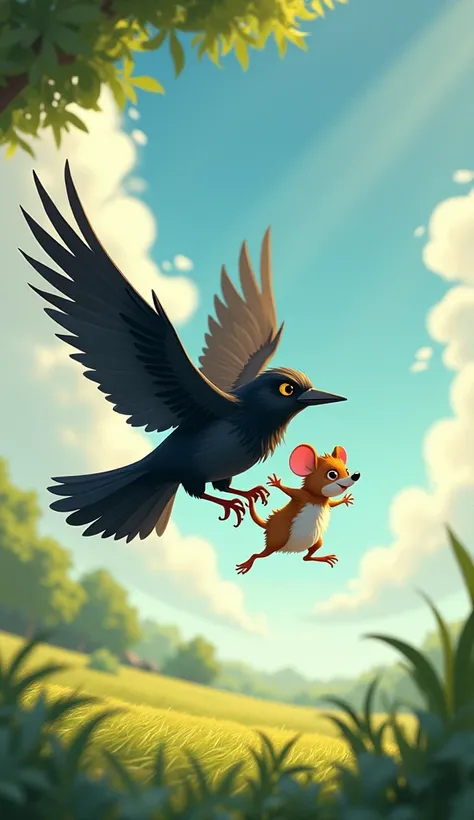 Then on the way he meets Kalu the crow. He comes with him. Crow and pigeon of them together fly away holding one leg of Bunty mouse