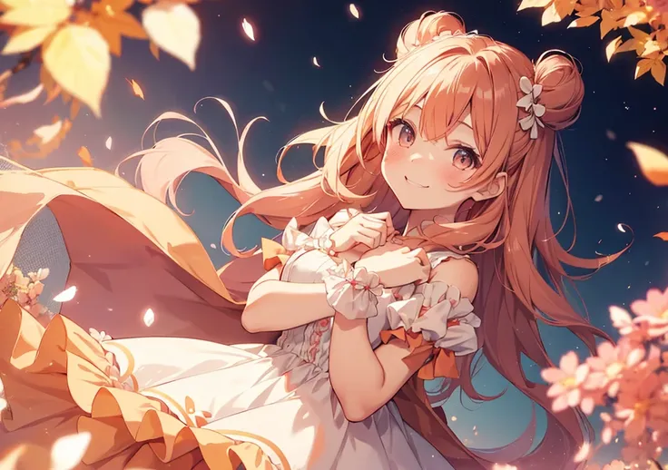 A charming anime girl with rosy peach hair styled into a fluffy bun, with soft strands framing her face. Her vibrant smile is full of life and energy, her amber eyes twinkling with excitement. Her bun is decorated with coral and cream ribbons tied into tin...