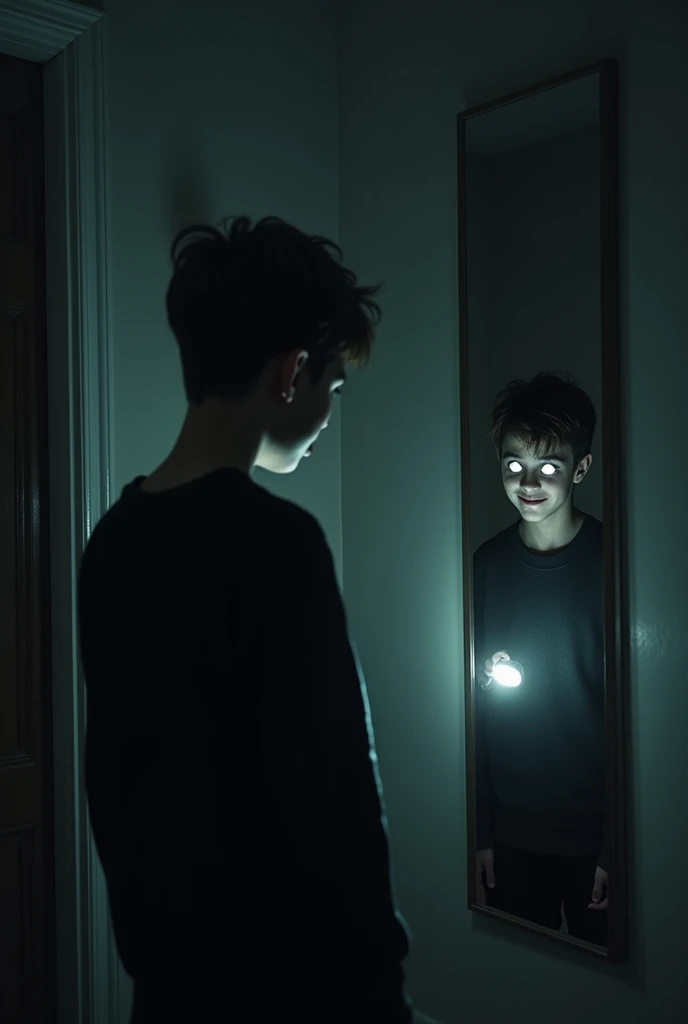 The reflection of the boy in the black sweatshirt with white eyes and smiling and dark comes out of the room in the dark with his flashlight 