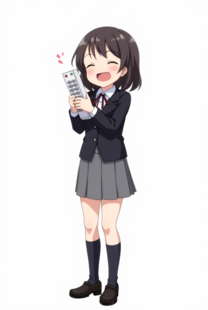 Girl standing in the front and her legs and wearing black shoes and uniform school blazer and with gray skirt anime image with a TV control white background and full body with an emotion of joy and embracing the TV control

Presenting control with joy and ...