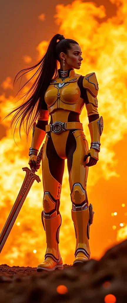 In a cinematic Cowboy Shot framing, uma Power Ranger amarelo, com capacete Power ranger pink,  a majestic muscular warrior , Majestosa wears an armored ninja robot in a flamboyant yellow core-style strong skin,  her shiny black hair flowing like flames in ...