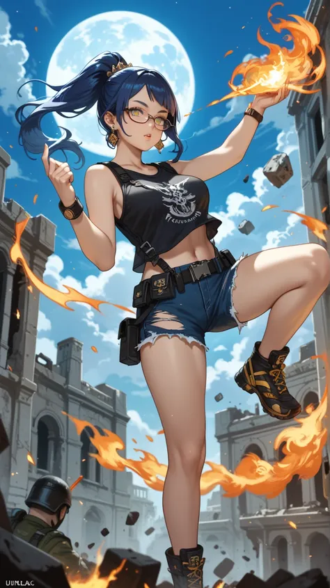 soldier girl, UHD,  blue hair,  ponytail, cabello muy largo, breasts, Earrings,  blue eyes ,  yellow eyes, bright eyes,  lunar under the eye , with glasses,  on a background with a city in ruins and on fire,  at night and the moon with clouds , with camouf...