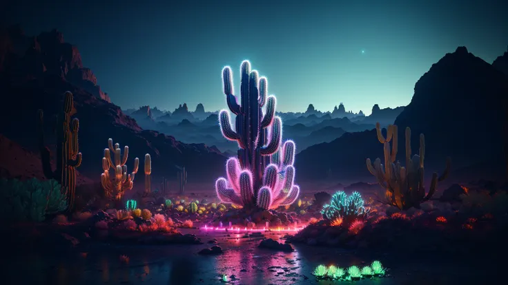  arafed cactus plant in a desert with a neon light, neon landscape, inspired by Mike Winkelmann, stylized neon , Beeple y Jean Giraud,  Vray bright neon , Beeple and Mike Winkelmann, by Mike Winkelmann,  Beeple rendered in 3D , Soft neon atmosphere , surre...