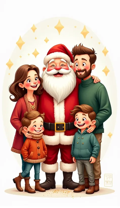 A highly detailed cartoon drawing of a family with a Santa Claus with a white background  