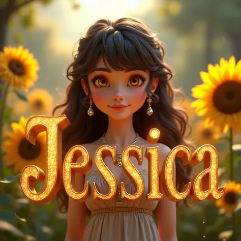 Generate a 3D big serif font name "JESSICA" with1girl, Solo, Blush, Curly long Hair, Bangs, yellow Eyes, Jewelry, Sparkle, Best Quality, sunflowers garden in the background From Above, 